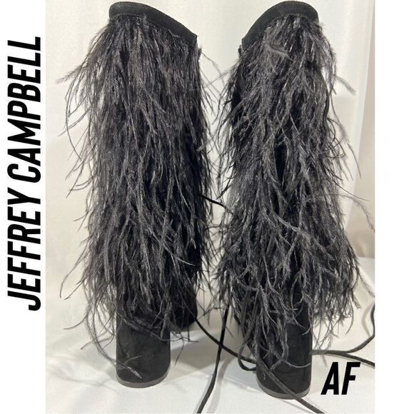 JEFFREY CAMPBELL SHAKE YA OSTRICH FEATHER BOOTS NEW BLACK - Picture 5 of 11